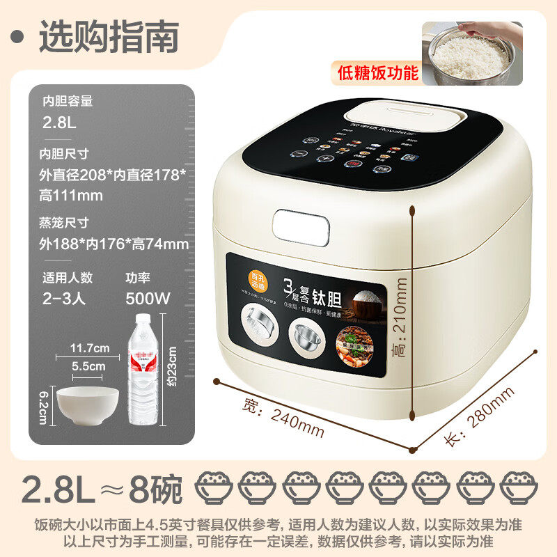荣事达电饭煲家用2-3人纯钛内胆电饭锅0涂层智能蒸低糖饭顶控彩屏