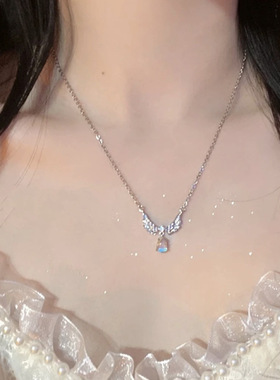 天使之泪月光石吊坠项链轻奢法式小众设计感翅膀个性百搭锁骨链女