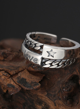 925纯银泰银罗马英文字母五角星love戒指男女复古潮小红书同款