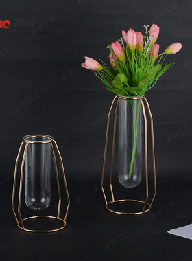 简约北欧试管玻璃花瓶摆件 创意铁架水培植物容器家居桌面装饰品