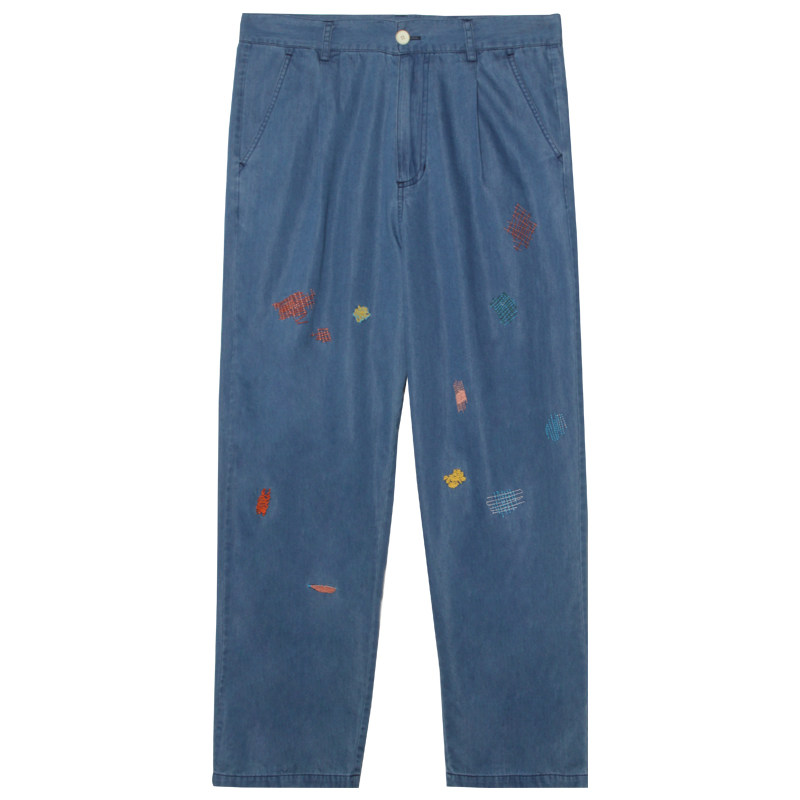 nad刺绣花薄款阔腿直筒宽松牛仔裤 nad牛仔裤