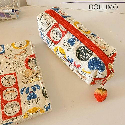 Dollimo 柴犬狗狗小众可爱布艺大容量笔袋 ins古朴高级感笔袋高中学生复古风文艺女生少女文具盒化妆包收纳袋 - 图0