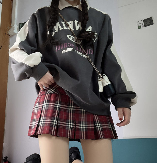 American plus size skirt red plaid pleated skirt slimming