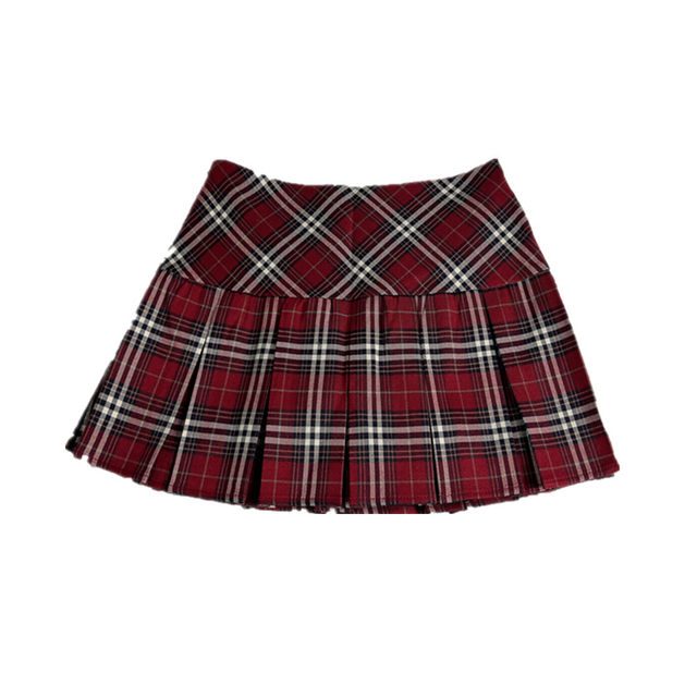American plus size skirt red plaid pleated skirt slimming