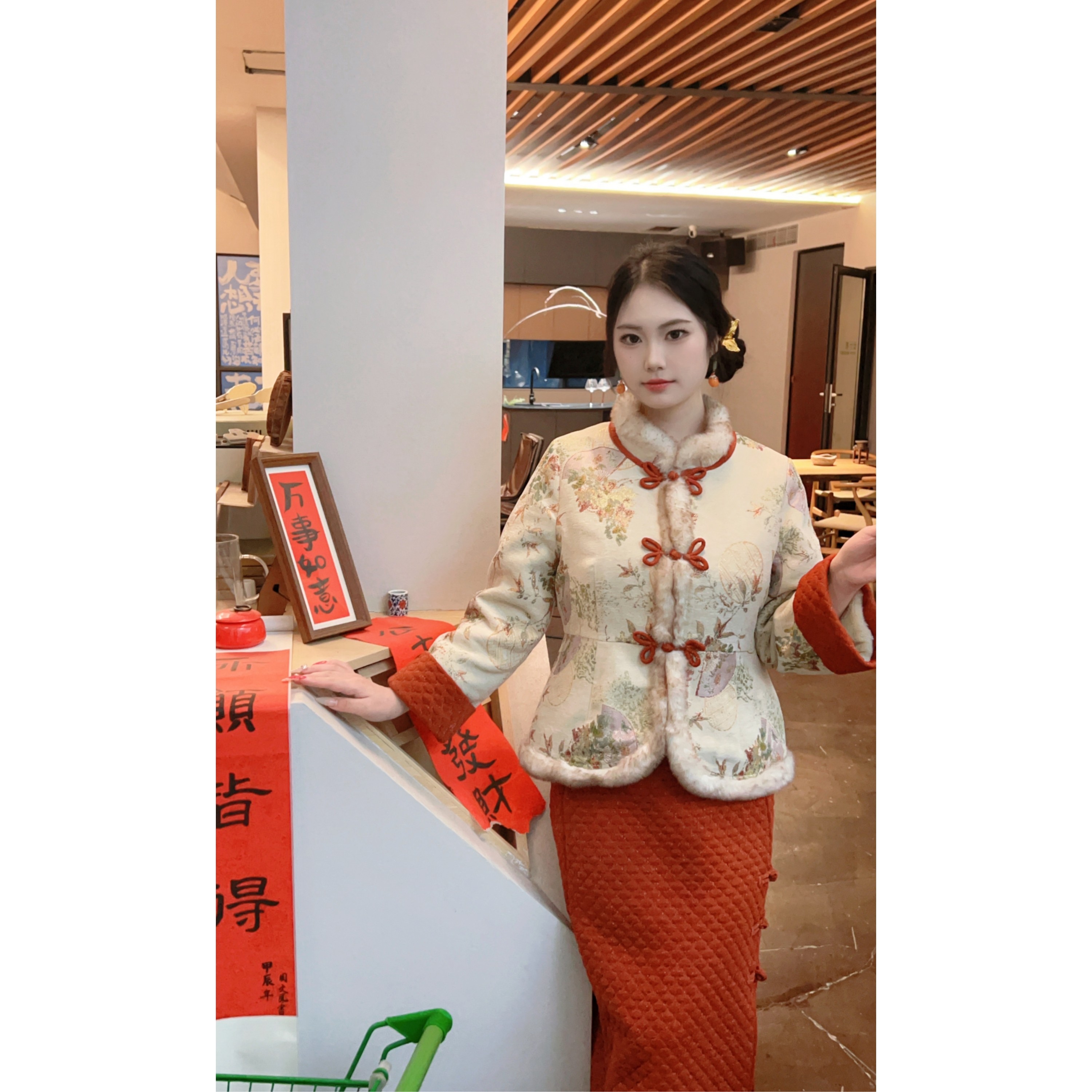 欢喜【自制款】贺岁新中式棉服+撒金加绒半身裙大码胖mm套装显瘦,淘宝优惠券,粉丝福利购,淘宝优惠卷