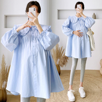 Large Code Pregnant Woman Shirt Dress Shirt Dress Spring Medium Long Style Fashion Boomer Doll Collar Minus age jacket loose 200 catty