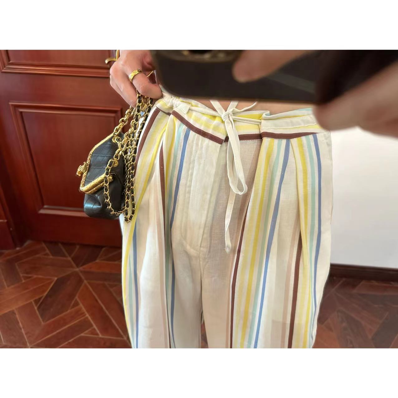 现货~ 一眼爱!hi~d水洗阳光彩色条纹亚麻套装 背心/卷边阔腿裤 - 图2