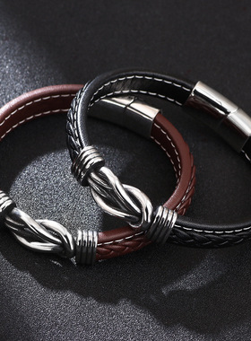 欧美跨境皮手链地摊饰品钛钢配件复古个性朋克风男士手镯真皮手链