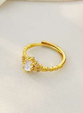 拉长石镂空戒指幸福橄榄树叶轻奢精致高级感时尚百搭食指戒礼物女