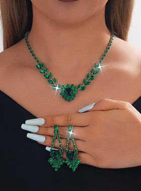 欧美高级感锆石奢华项链耳环套装短款女锁骨链粉色爱心礼服配饰