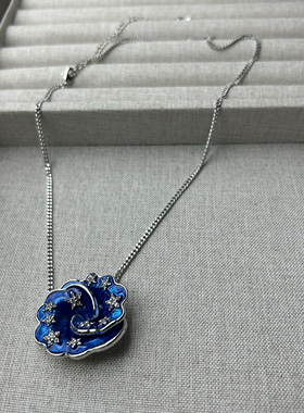 中古vintage蓝色玫瑰花珐琅耳钉项链套装