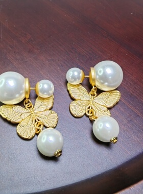 中古夸张耳环金色蝴蝶耳环项链套装复古宫廷气质高级感耳饰