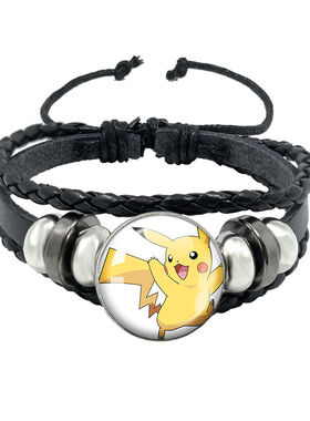 跨境动漫时光宝石黑色皮革手链口袋妖怪精灵宝可梦皮卡丘编织手链
