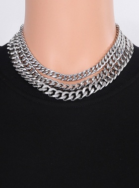 日韩风钛钢8/11/12mm古巴链男士项链 时尚四面磨粗链条饰品项饰