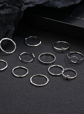 跨境热销戒指 欧美时尚O字波纹简约素圈戒指组合11件套厂家直销