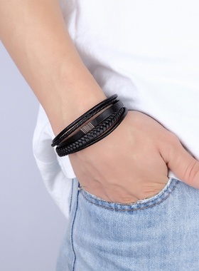 新款皮绳编织手链皮手环欧美风潮男手工编织皮绳手环个性皮革