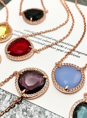 精美肥三角形8色彩石微镶多切面糖果色水晶项链 保色饰品套装