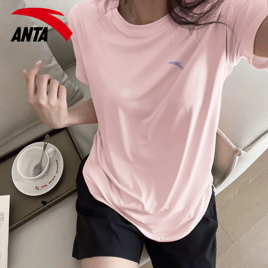 安踏简约运动套装女透气休闲粉色短袖长裤夏季新款学生潮流两件套