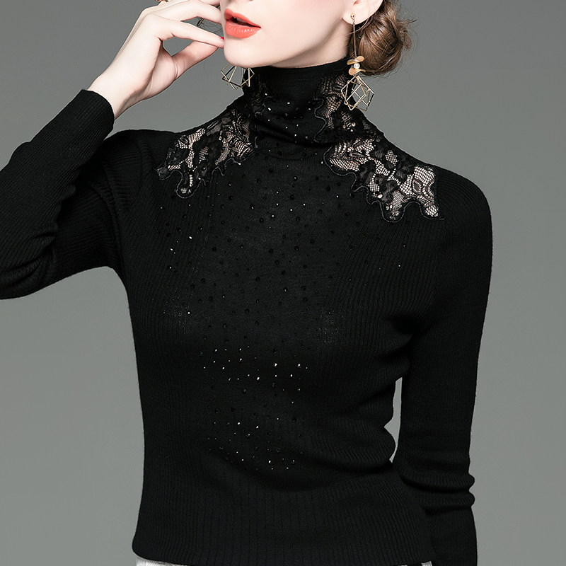 黑色蕾丝秋冬季修身高领网纱打底衫 bomovo蕾丝衫/雪纺衫