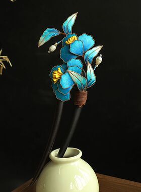 古风非遗手工掐丝绒花渐变发簪檀木双股簪汉服旗袍清冷气质感头饰