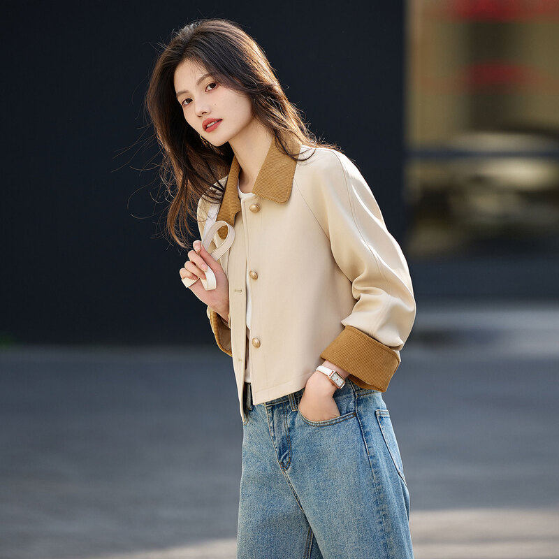 时尚气质风衣2025年春季新款女撞色温柔百搭韩版短款休闲翻领上衣