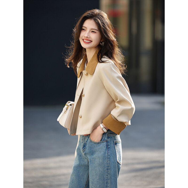 时尚气质风衣2025年春季新款女撞色温柔百搭韩版短款休闲翻领上衣