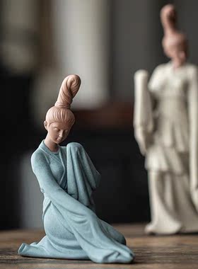 中式紫砂仕女禅意摆件国风工艺品创意客厅博古架茶室茶桌面装饰品