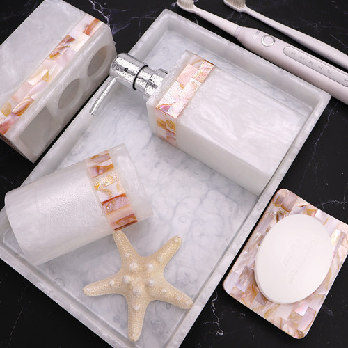 轻奢贝壳卫浴五件套 卫生间洗手台洗漱套件电动牙刷架漱口杯套装 - 图0