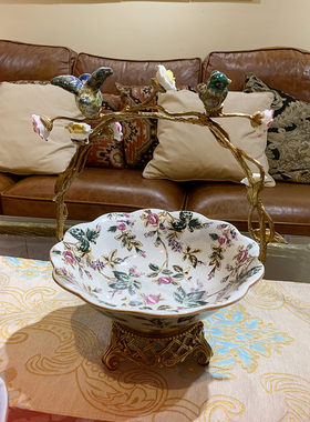 陶瓷铜小鸟提篮果盘美式风工艺品