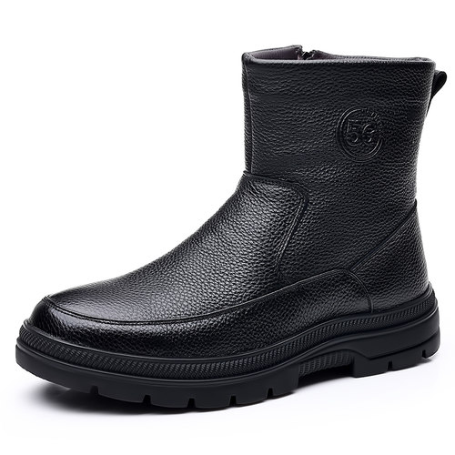 牛皮雪地靴男士棉鞋冬季保暖羊毛真皮高筒男靴子高帮加厚防滑棉靴 - 图0