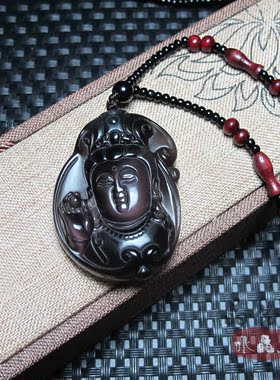 天然黑曜石观音头释迦摩尼吊坠