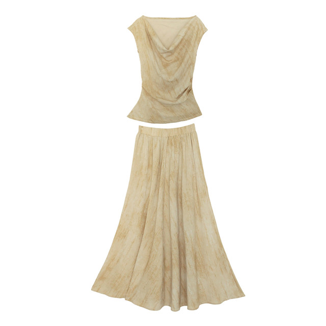 Sazuojia petite slanted shoulder/one-line collar top + skirt suit summer women's niche old money style ຊຸດສອງສິ້ນ