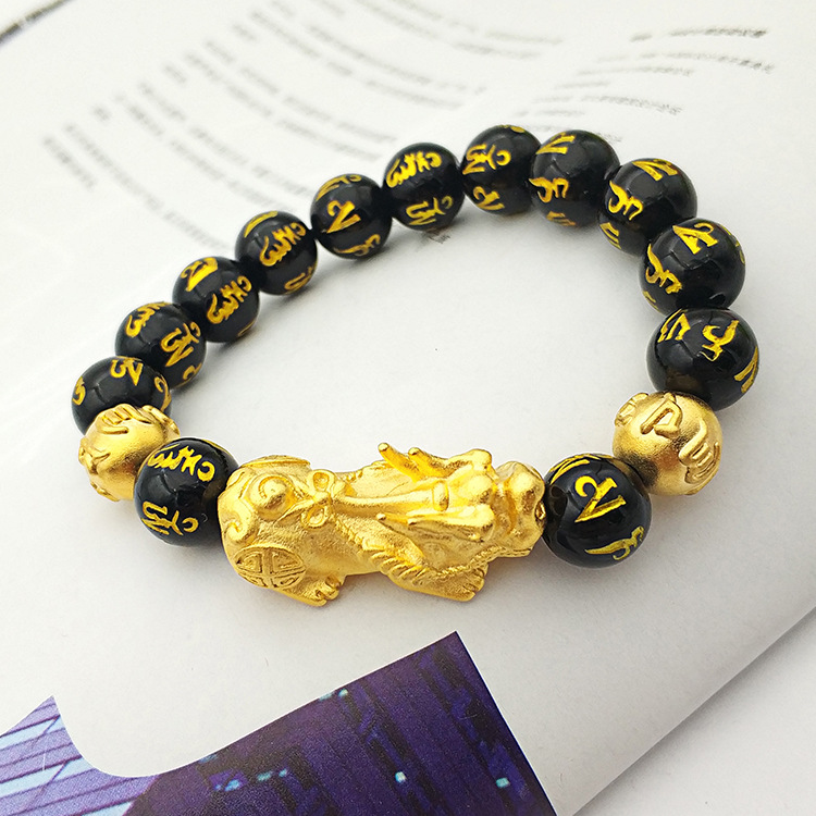 3D 足金色转运珠黑曜石六字真言招财手链 999 黄金貔貅手链 男款 硬金 3D 足金色转运珠黑曜石六字真言招财手链 999 黄金貔貅手链 男款 硬金