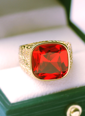 24K黄金钛钢红宝石戒指男士方形