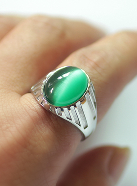 绿色猫眼石戒指男士钛钢指不掉色