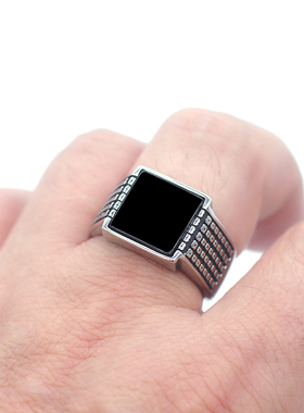 男士绿松石钛钢复古戒指