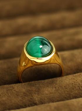 钛钢男士戒指绿色猫眼石戒子指环