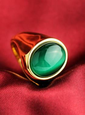 绿色猫眼石戒指钛钢男士简约戒子