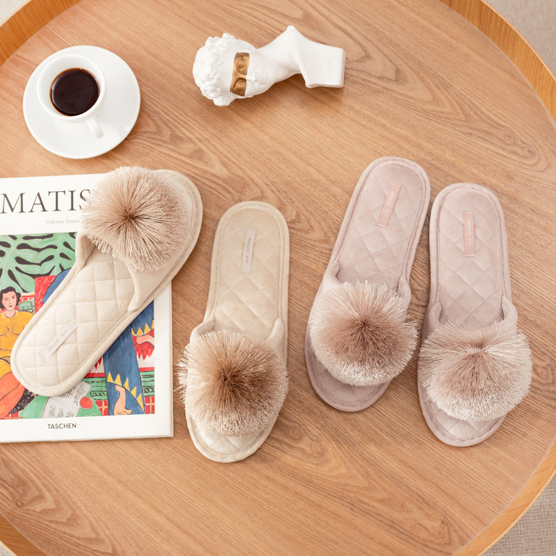 halluci 鱼口流苏球防水防滑拖鞋结婚家居室内毛毛橡胶厚底拖鞋女 - 图2