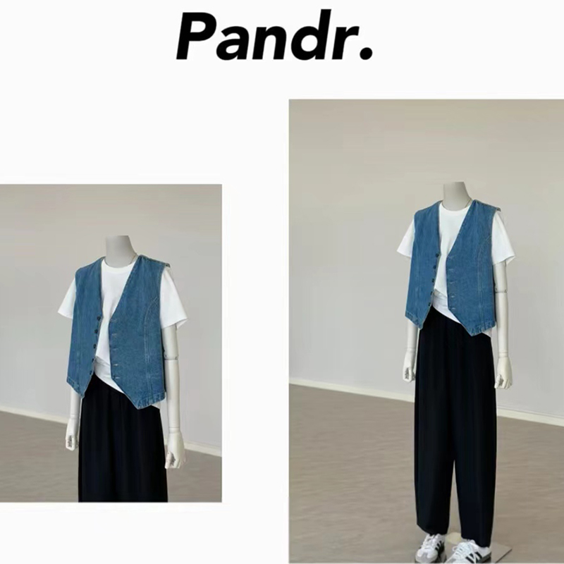 【PANDR】与众不同品味不凡~小众设计立体剪裁干练坎肩牛仔马甲潮-图0