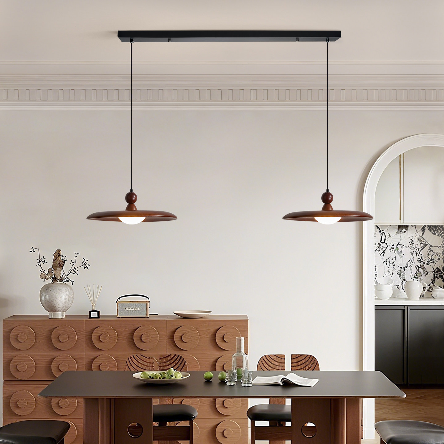 中古风飞碟吊灯餐厅三头LED护眼复古胡桃木飞碟实木岛台吧台灯具,淘宝优惠券,粉丝福利购,淘宝优惠卷