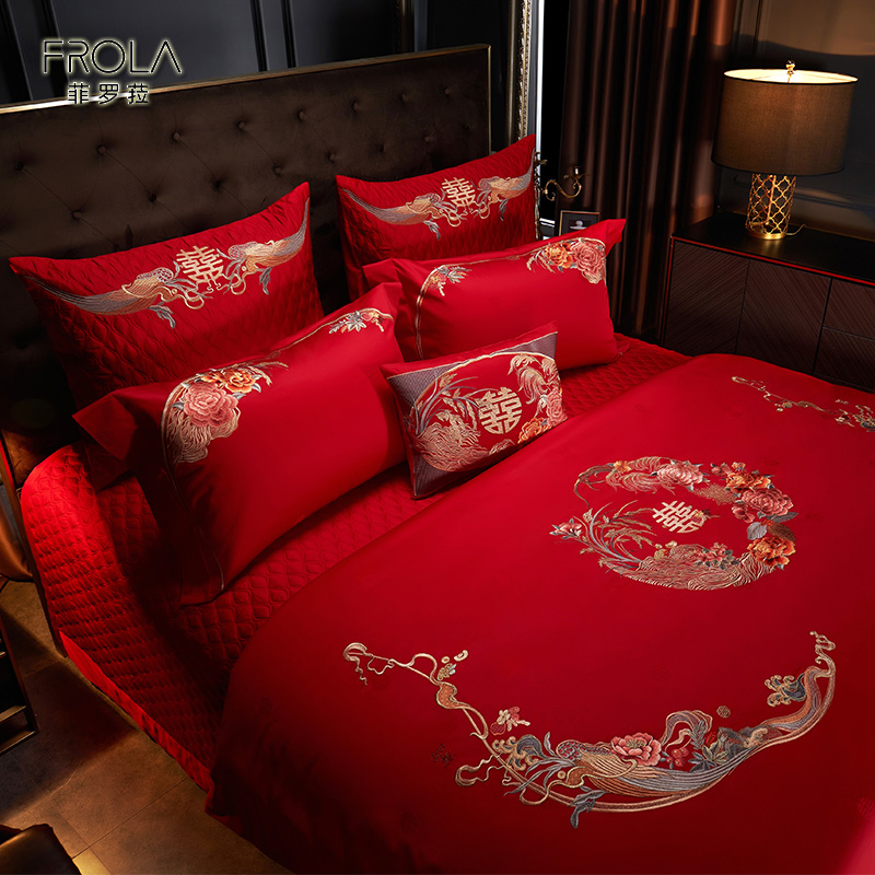 新婚礼物送新人婚庆床品套件纯棉四件套全棉结婚大红色床上六件套