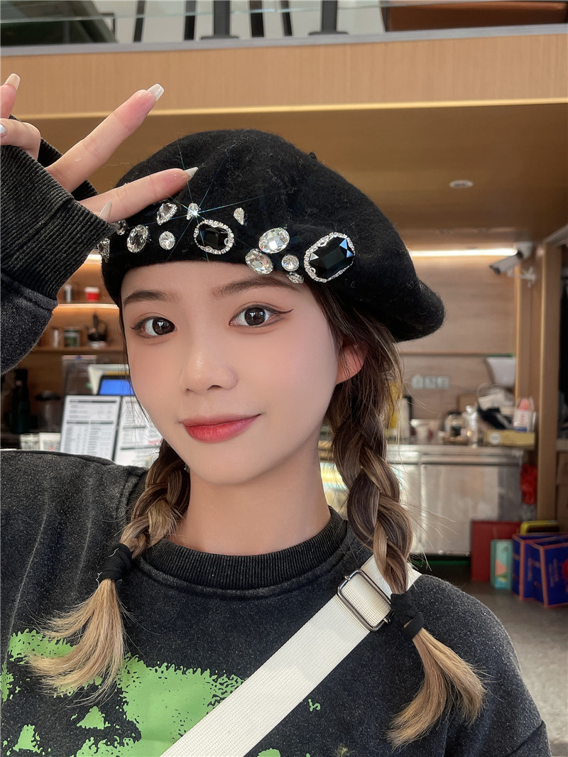 2025秋冬新款羊毛呢画家帽韩版张元英同款水钻贝雷帽女蓓蕾帽子 - 图2