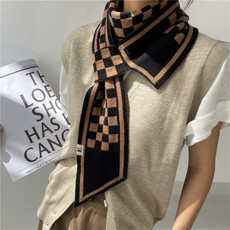 шарф 新长条复古棋盘格子小围巾懒人百搭针织布扣领巾多功能秋冬季毛线