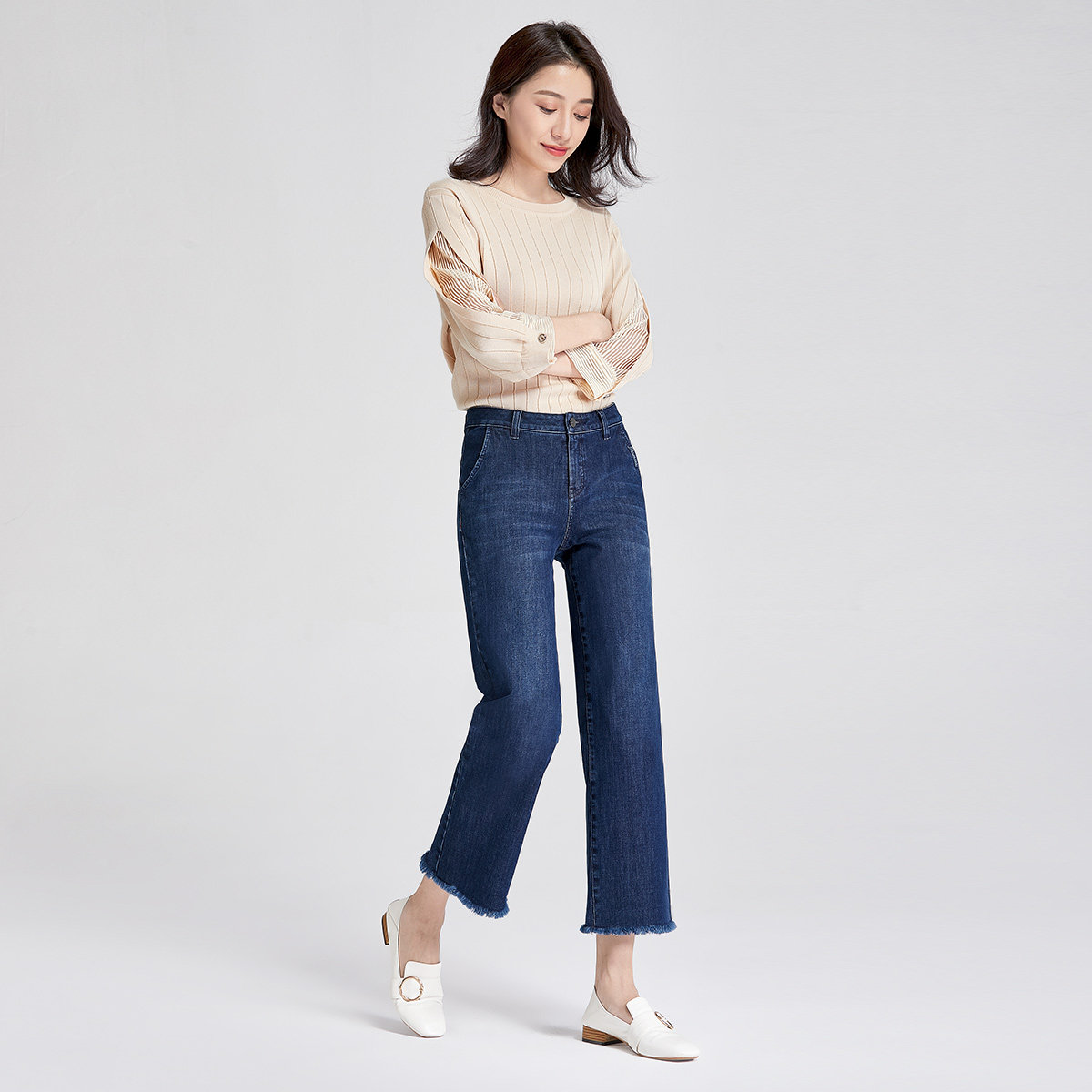 捷纯女裤春季2024新款时尚高腰四面弹力九分宽松毛边阔腿牛仔裤女_虎窝淘