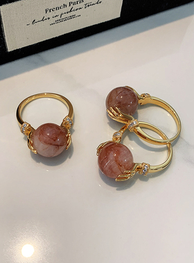 粉色天然石红胶花玉石戒指女