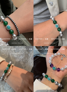 天然绿玉髓真多麻灰色珍珠手链