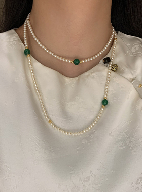 长款施家珍珠绿玉髓项链女