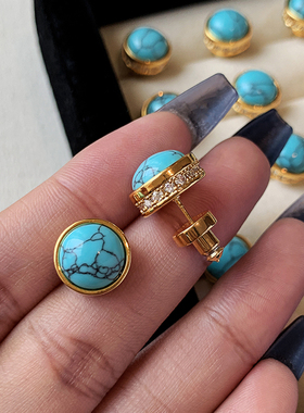 天然绿松石蓝色中古耳钉女