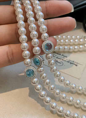 海蓝宝石爱白色珍珠项链女